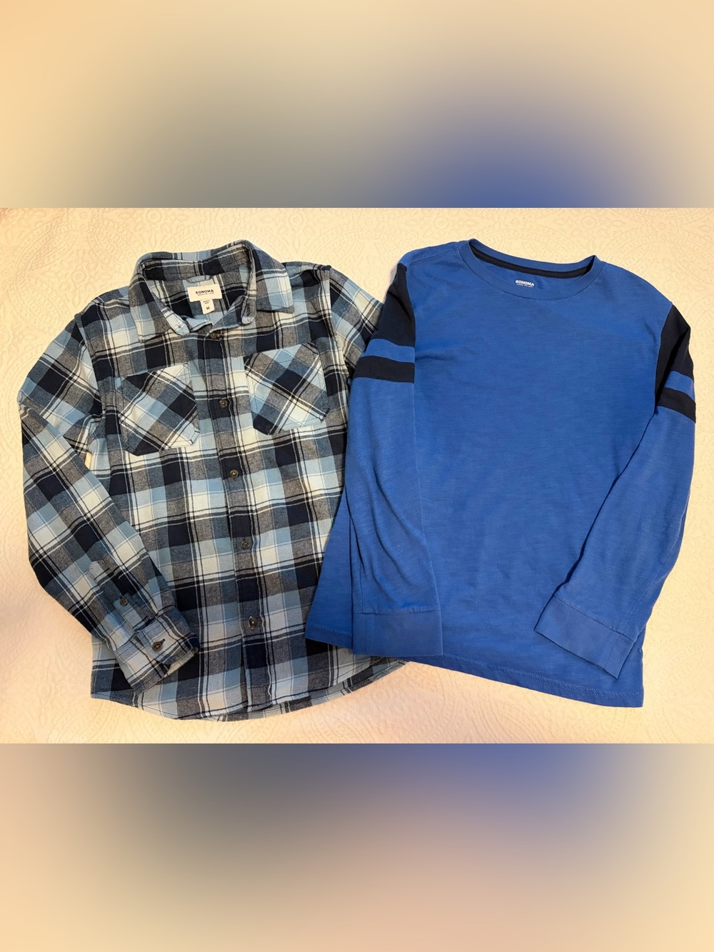 Bundle of 2 Sonoma Boys Shirts - Blue Plaid Flannel Button Down & Blue Tshirt